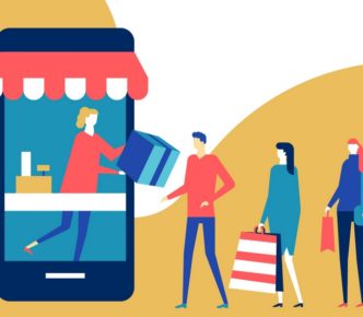 Shopping online - flat design style colorful illustration. High quality composition with pick up point, cute characters, people standing in a line, a shop assistant distributing orders, big smartphone